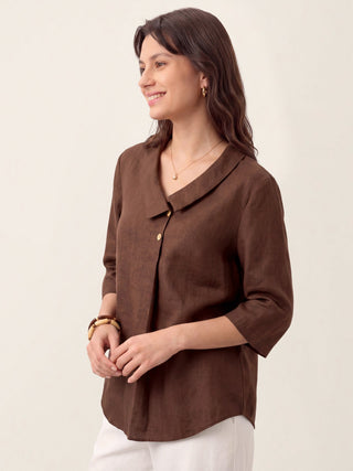 LINTICO 100% linen asymmetric collar long top with inverted pleats, in espresso brown, stylish and lightweight for casual wear.