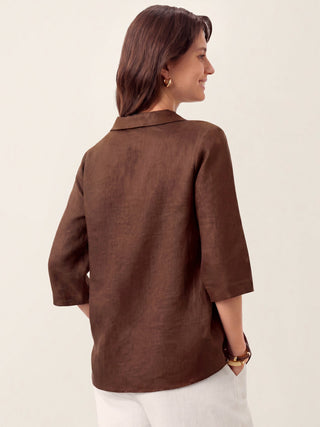 LINTICO 100% linen asymmetric collar long top with inverted pleat in espresso brown, stylish and lightweight for casual wear