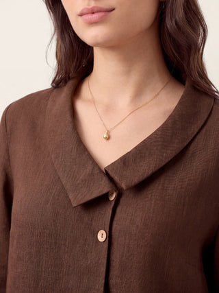 LINTICO 100% linen OTTILIE long top with asymmetric collar and inverted pleat in espresso brown, stylish and lightweight for casual wear.