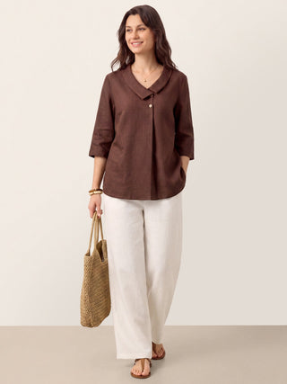 LINTICO 100% linen OTTILIE long top with asymmetric collar and inverted pleats in espresso brown, stylish and lightweight.