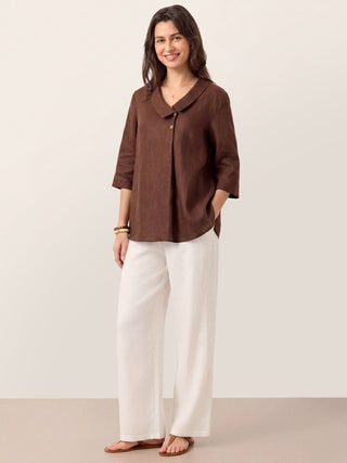 LINTICO linen long top with asymmetric collar and inverted pleats in espresso brown, featuring a stylish, relaxed fit.