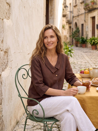 LINTICO 100% linen long top with asymmetric collar and inverted pleat in espresso brown, stylish and lightweight for casual wear.