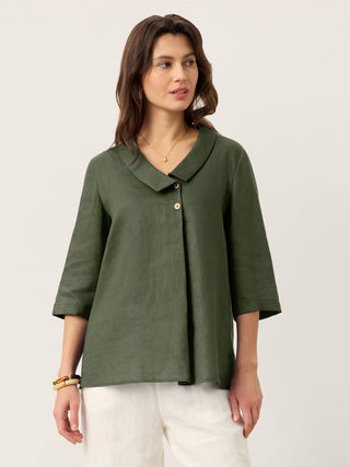 LINTICO Ottilie 100% linen long top with asymmetric collar and inverted pleat in forest olive color, stylish and lightweight.