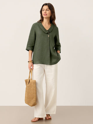 LINTICO 100% linen asymmetric collar long top with inverted pleats in forest olive, stylish and breathable for casual wear.