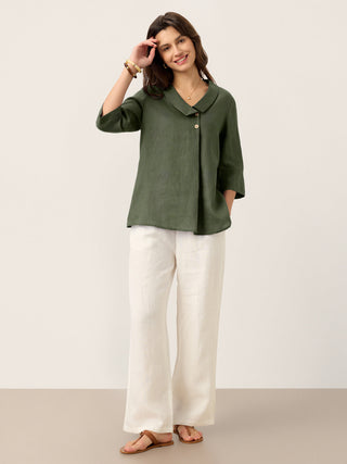 LINTICO forest green 100% linen asymmetric collar long top with inverted pleat, stylish and lightweight for casual wear.