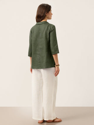 LINTICO 100% linen asymmetric collar long top with inverted pleats in forest olive, featuring a stylish, flowy design.