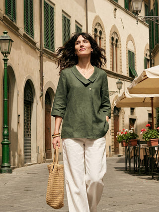 LINTICO 100% linen asymmetric collar long top with inverted pleats in forest olive, stylish and comfortable for casual wear.
