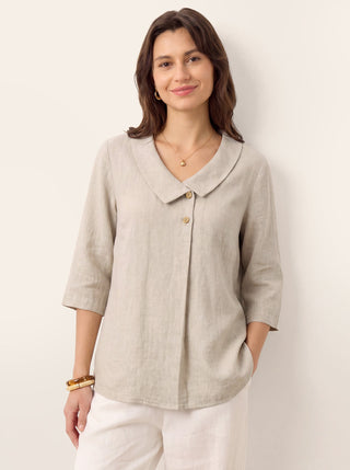 LINTICO 100% linen asymmetric collar long top with inverted pleat, natural melange color, stylish and lightweight women's fashion top.