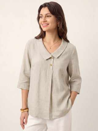 LINTICO 100% linen asymmetric collar long top with inverted pleats in natural melange fabric, stylish and breathable for casual wear.