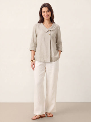 LINTICO 100% linen asymmetric collar long top with inverted pleats in natural melange color, stylish and lightweight for casual wear.