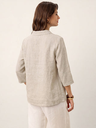 LINTICO 100% linen asymmetric collar top with inverted pleat, natural melange color, long sleeve, elegant and breathable fashion top.