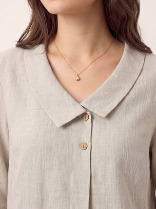 LINTICO 100% linen asymmetric collar long top with inverted pleats in natural melange fabric, stylish and lightweight for casual wear.