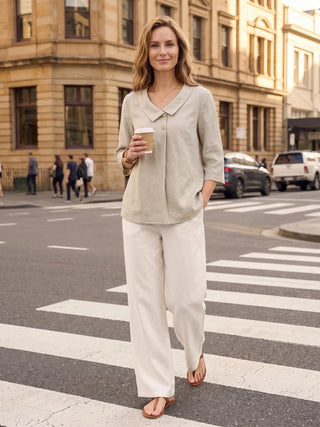 LINTICO 100% linen asymmetric collar long top with inverted pleat in natural melange, stylish and lightweight for casual wear.