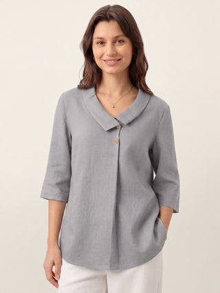 LINTICO 100% linen asymmetric collar long top with inverted pleats, silver ash color, stylish and breathable for casual wear.