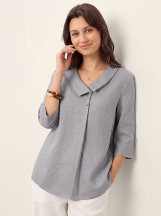 LINTICO 100% linen asymmetric collar top with inverted pleat in silver ash, long top style, casual and elegant design.