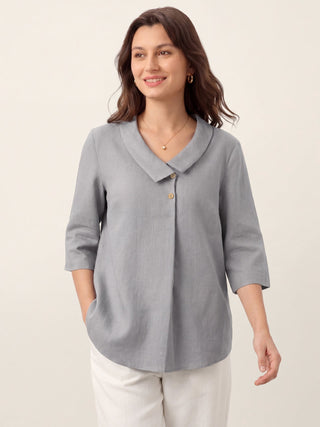 LINTICO 100% linen asymmetric collar long top with inverted pleats, in silver ash color, featuring a stylish and relaxed fit.