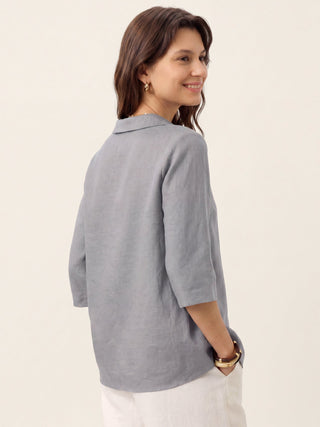 LINTICO 100% linen asymmetric collar long top with inverted pleats, silver ash color, stylish and casual women's fashion.
