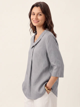 LINTICO silver linen long top with asymmetric collar and inverted pleat, stylish and lightweight for casual wear.