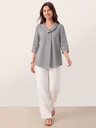 LINTICO 100% linen asymmetric collar long top with inverted pleats, silver ash color, stylish and breathable for casual wear.