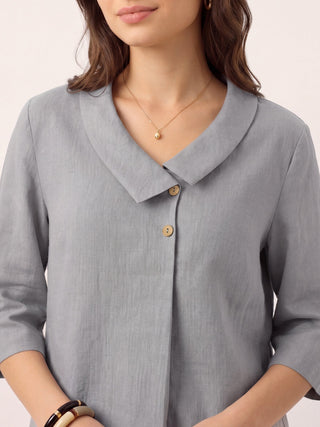 Silver ash 100% linen OTTILIE long top with asymmetric collar and inverted pleat, stylish and breathable linen long top by LINTICO.