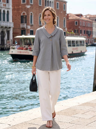 LINTICO silver ash 100% linen asymmetric collar long top with inverted pleat, stylish and lightweight for casual wear