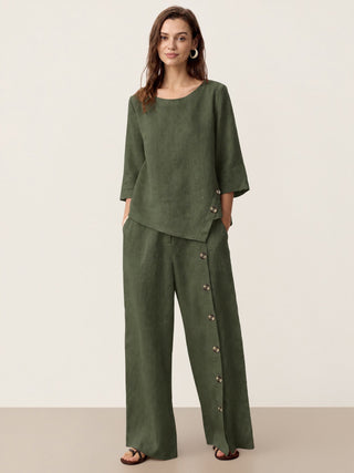 LINTICO Forest Olive 100% linen asymmetric-hem button-trim top, stylish and lightweight for a casual, breathable look.