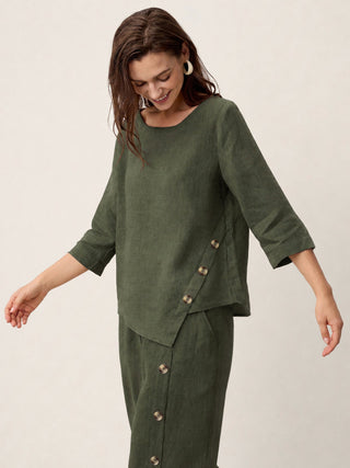 LINTICO 100% linen asymmetric-hem button-trim top in forest olive with a stylish relaxed fit and casual design.