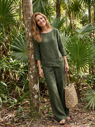 LINTICO 100% linen asymmetric-hem button-trim top in forest olive, featuring a stylish, relaxed fit and elegant design.