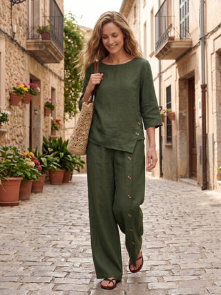 LINTICO Forest Olive 100% linen asymmetric-hem button-trim top, stylish and lightweight for casual wear.