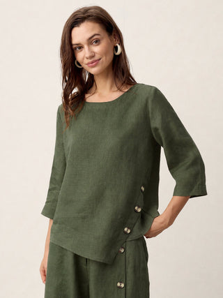 LINTICO 100% linen asymmetrical-hem top with button trim in forest olive, featuring a relaxed fit and stylish design.