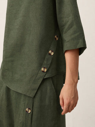 LINTICO women's 100% linen asymmetric-hem button-trim top in forest olive, casual stylish blouse with unique design details.