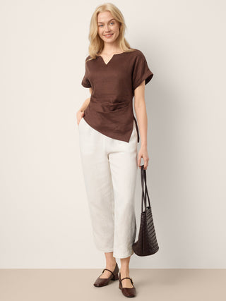 LINTICO Minerva 100% linen asymmetric hem split-neck blouse with side gathers in espresso brown, stylish and lightweight top.