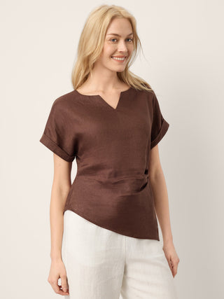 LINTICO Minerva 100% linen asymmetric hem split-neck top with side gathers in espresso brown, stylish and lightweight blouse.