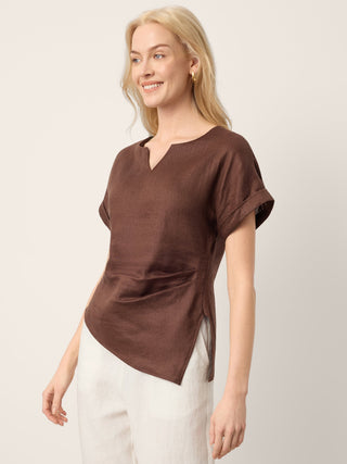 LINTICO Minerva linen top with asymmetric hem, side gathers, split-neck design in espresso brown, stylish blouse for women.