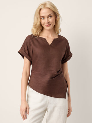 LINTICO Minerva 100% linen asymmetric hem blouse with side gathers and split-neck in espresso brown, stylish and lightweight.