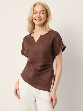 LINTICO Minerva 100% linen asymmetric hem split-neck top with side gathers in espresso brown, stylish blouse for women.