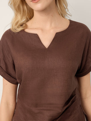 LINTICO Minerva 100% linen asymmetric hem split-neck top in espresso brown with side gathers and relaxed fit.
