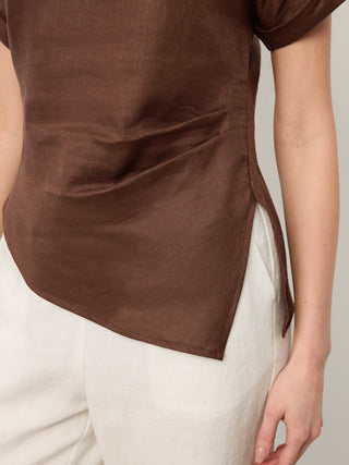 LINTICO Minerva 100% linen asymmetric hem split-neck blouse with side gathers in espresso brown, stylish and breathable top.
