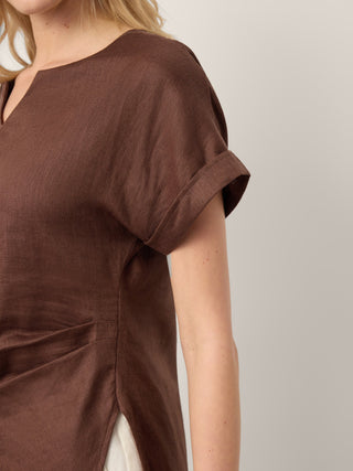LINTICO Minerva 100% linen asymmetric hem split-neck top with side gathers in espresso brown, stylish and lightweight blouse.
