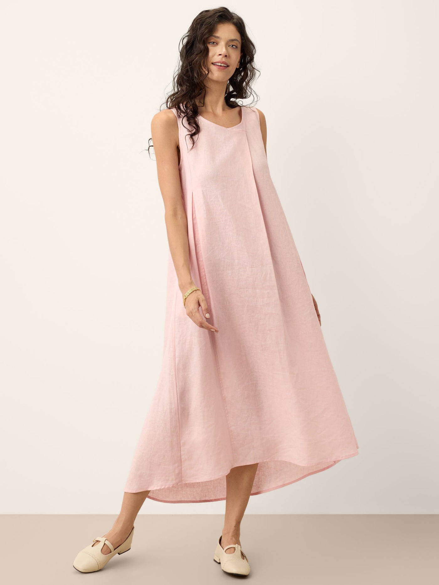 100% Linen Asymmetric Pleat A-Line Midi Dress KARINA - Glamourous Grace