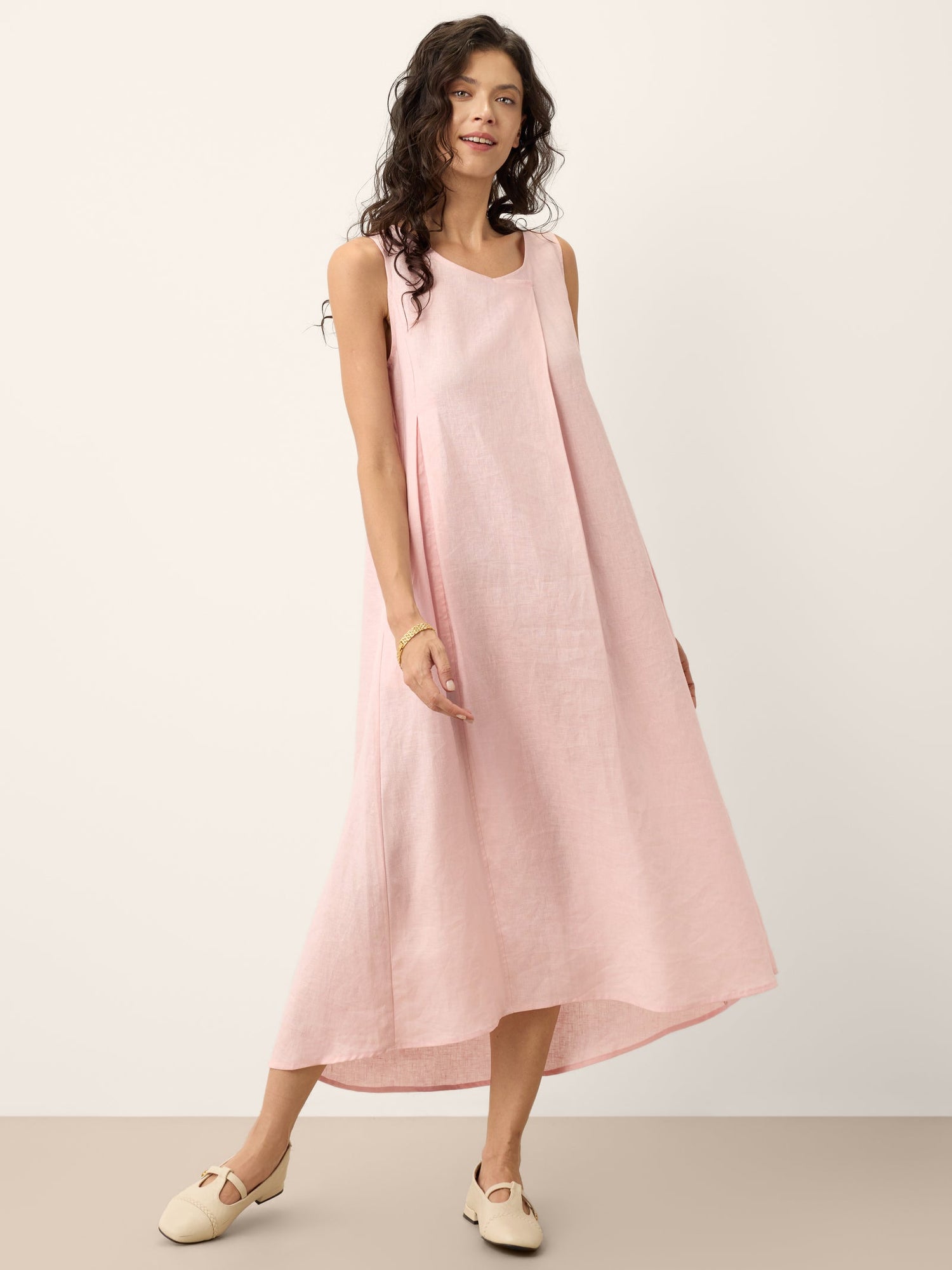 100% Linen Asymmetric Pleat A-Line Maxi Dress KARINA - Glamourous Grace
