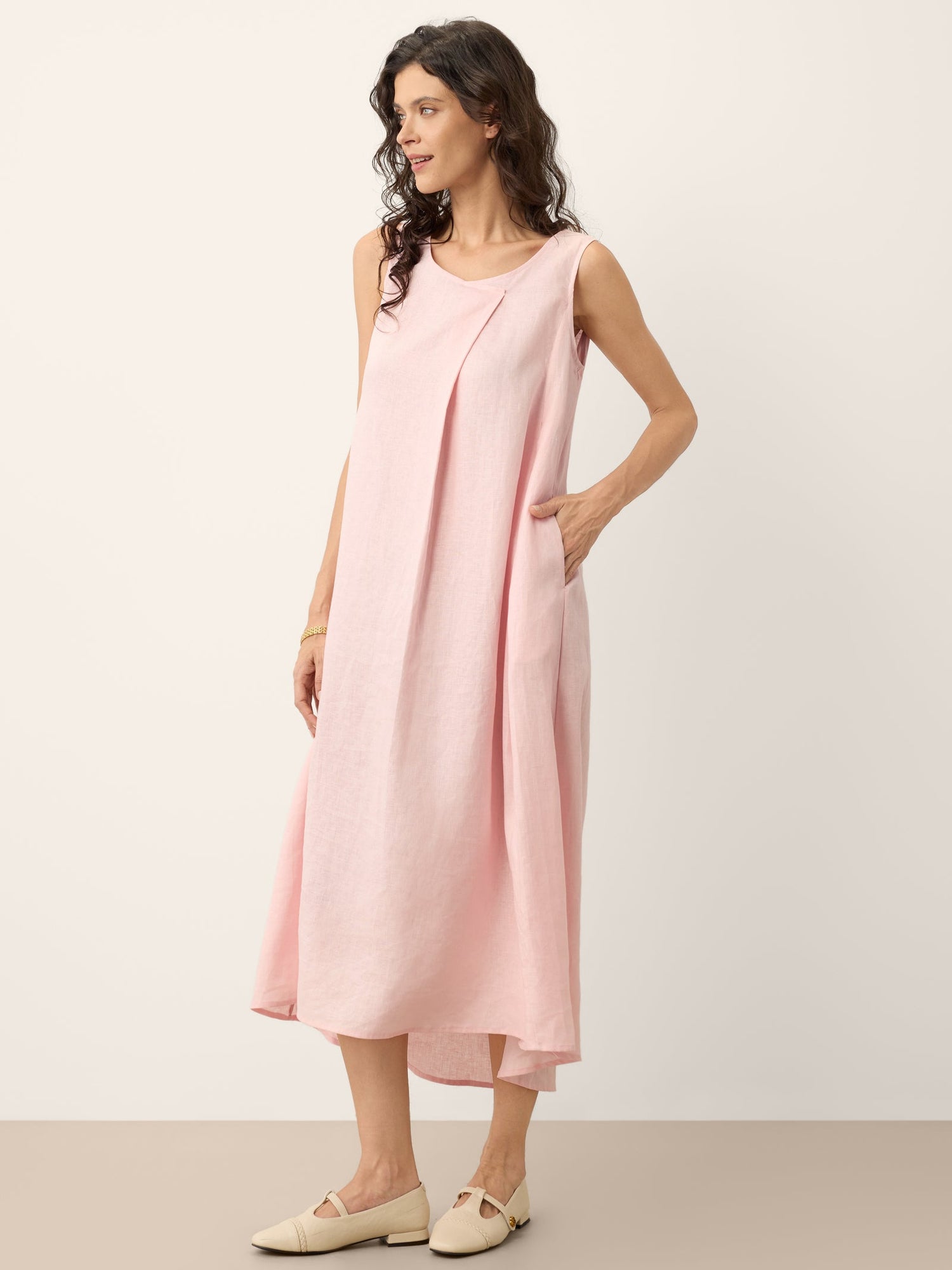 100% Linen Asymmetric Pleat A-Line Maxi Dress KARINA - Glamourous Grace