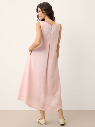 100% Linen Asymmetric Pleat A-Line Maxi Dress KARINA