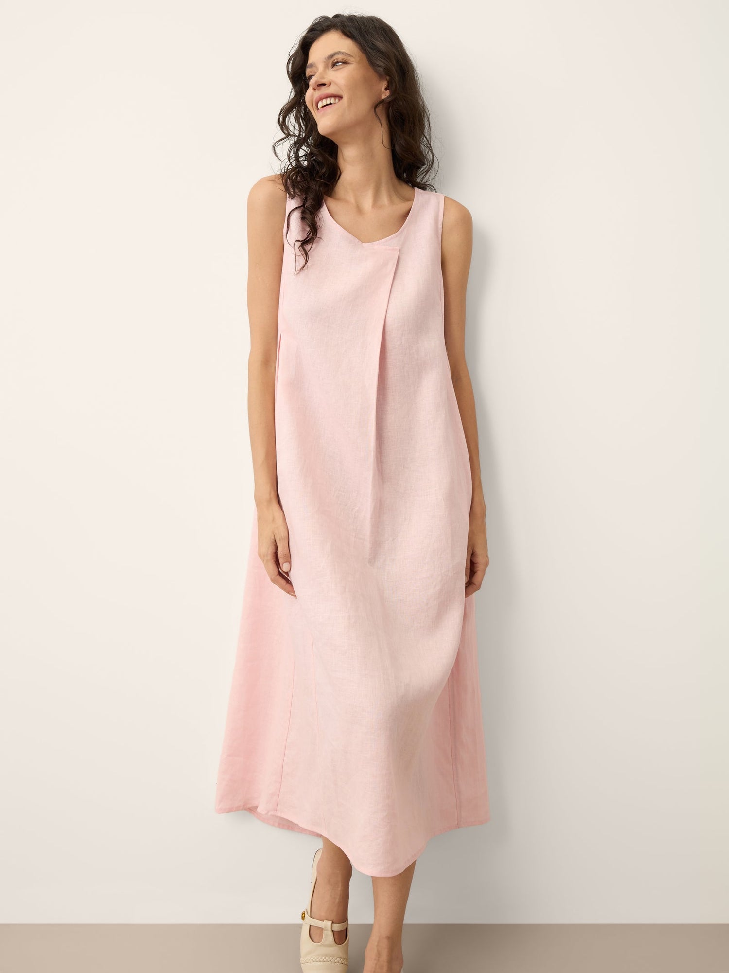 100% Linen Asymmetric Pleat A-Line Maxi Dress KARINA - Glamourous Grace