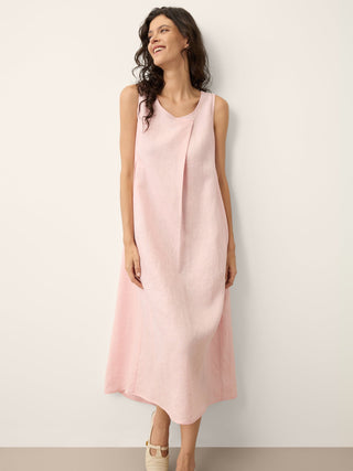 100% Linen Asymmetric Pleat A-Line Maxi Dress KARINA