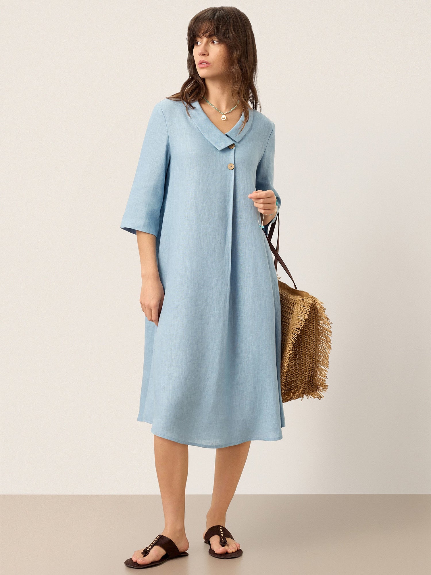 100% Linen Asymmetric Shawl Collar A-Line Midi Dress WINIFRED - Glamourous Grace