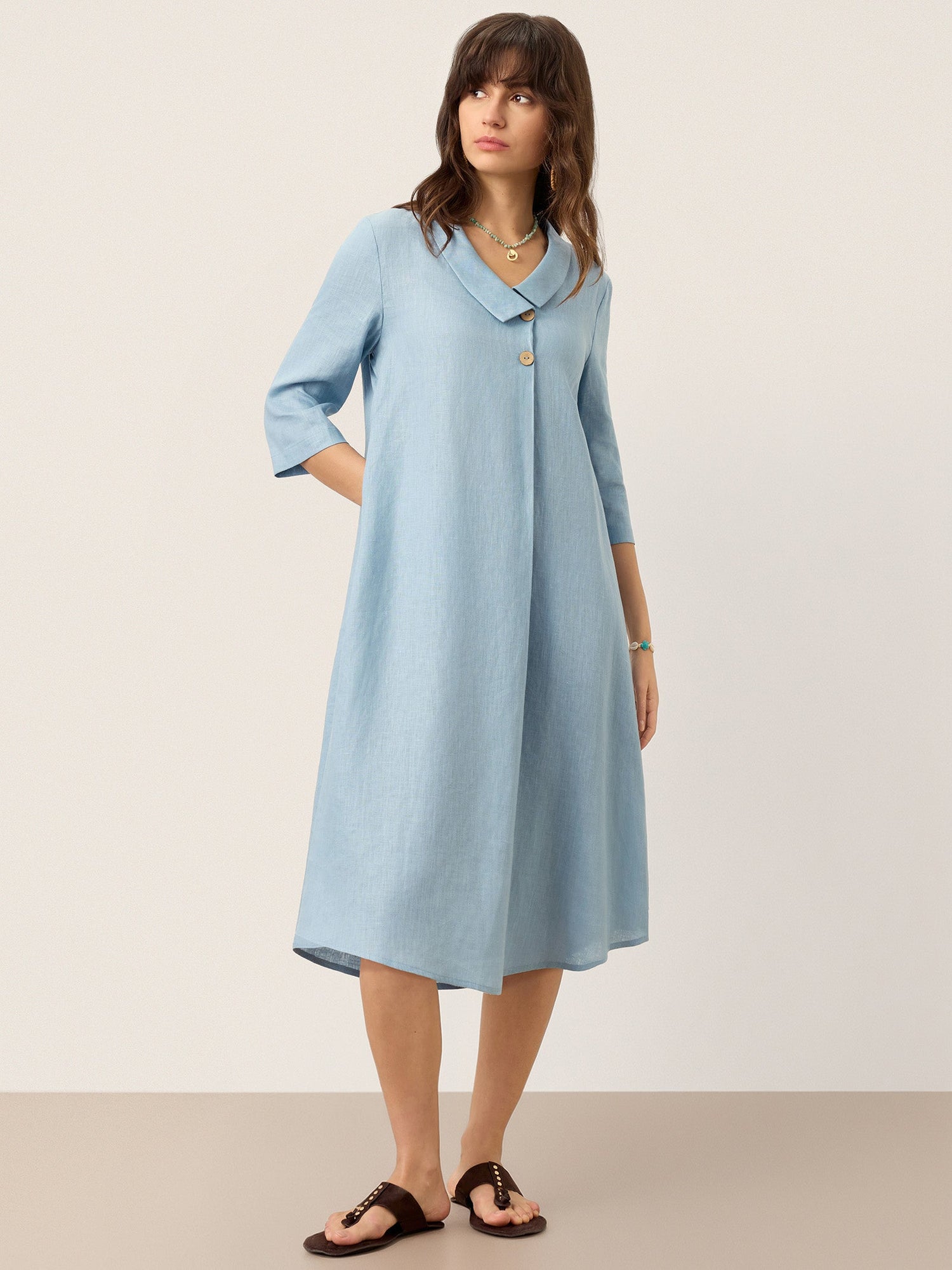 100% Linen Asymmetric Shawl Collar A-Line Midi Dress WINIFRED - Glamourous Grace