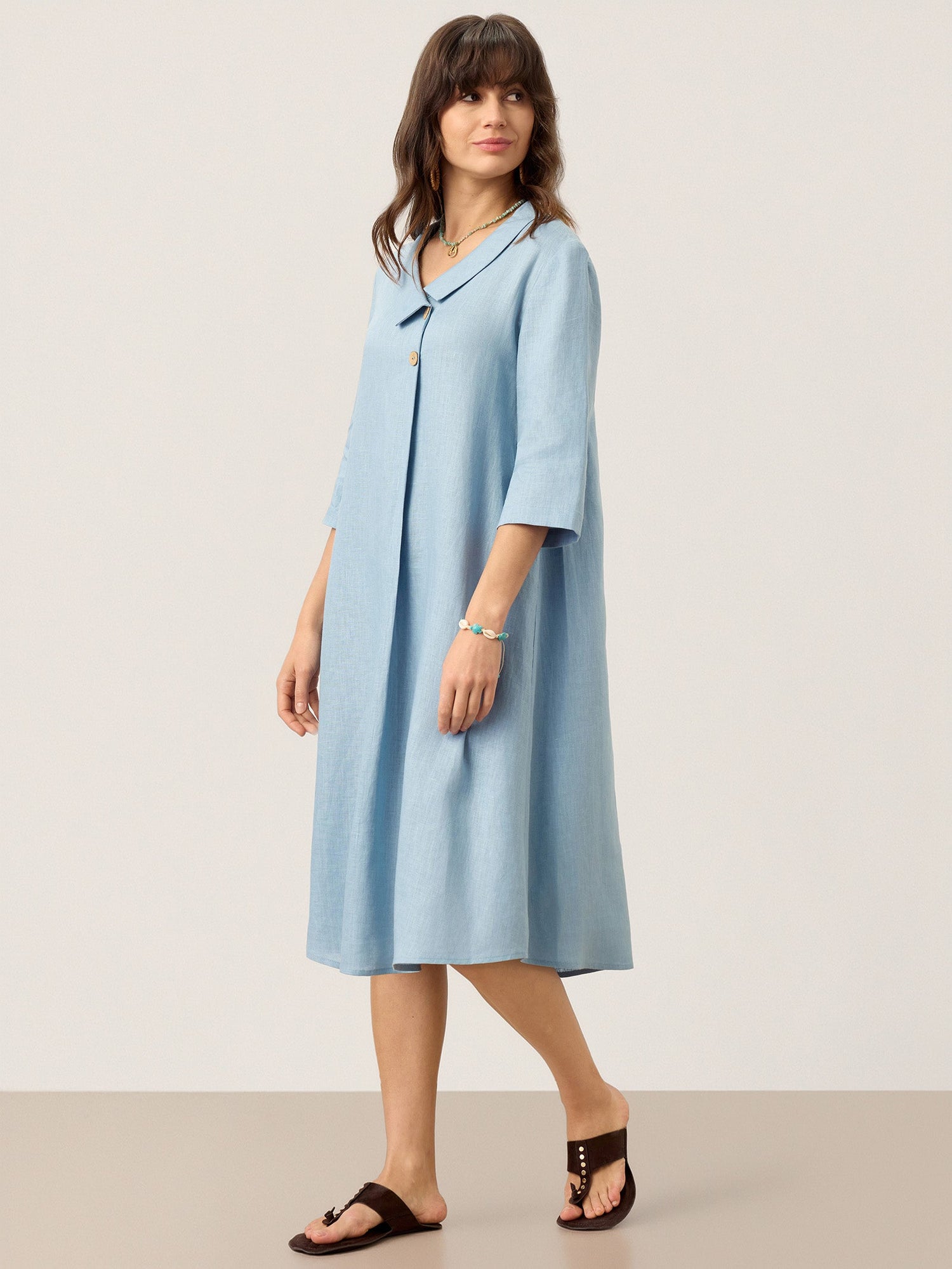 100% Linen Asymmetric Shawl Collar A-Line Midi Dress WINIFRED - Glamourous Grace