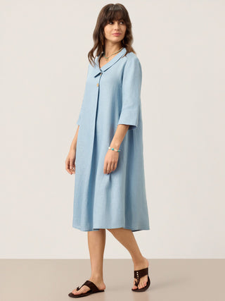 LINTICO Ice Blue 100% linen asymmetric shawl collar A-line midi dress with elegant design and flowing silhouette.