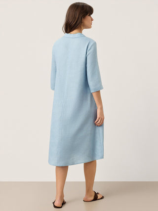LINTICO women's 100% linen asymmetric shawl collar A-line midi dress in ice blue, featuring a stylish, flowy silhouette.